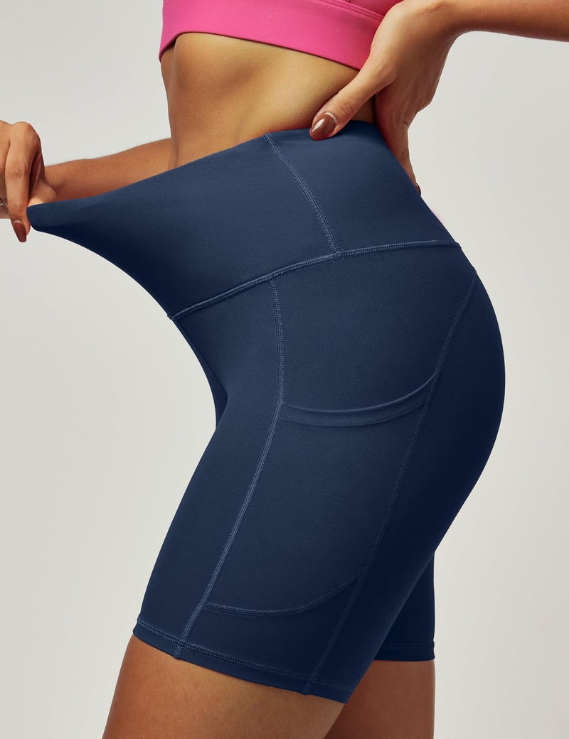 IUGA Biker Shorts Women 6" Tummy Control Workout Shorts Women with Pockets High Waisted Yoga Running Gym Spandex Compression Navy Blue - Image 4